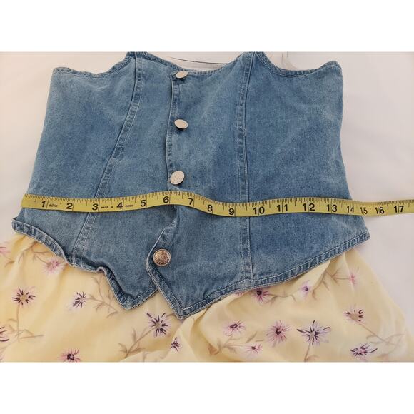 Vintage Skort Romper Girls XL Blue Denim Yellow Floral Spaghetti Strap One Piece - Picture 12 of 15